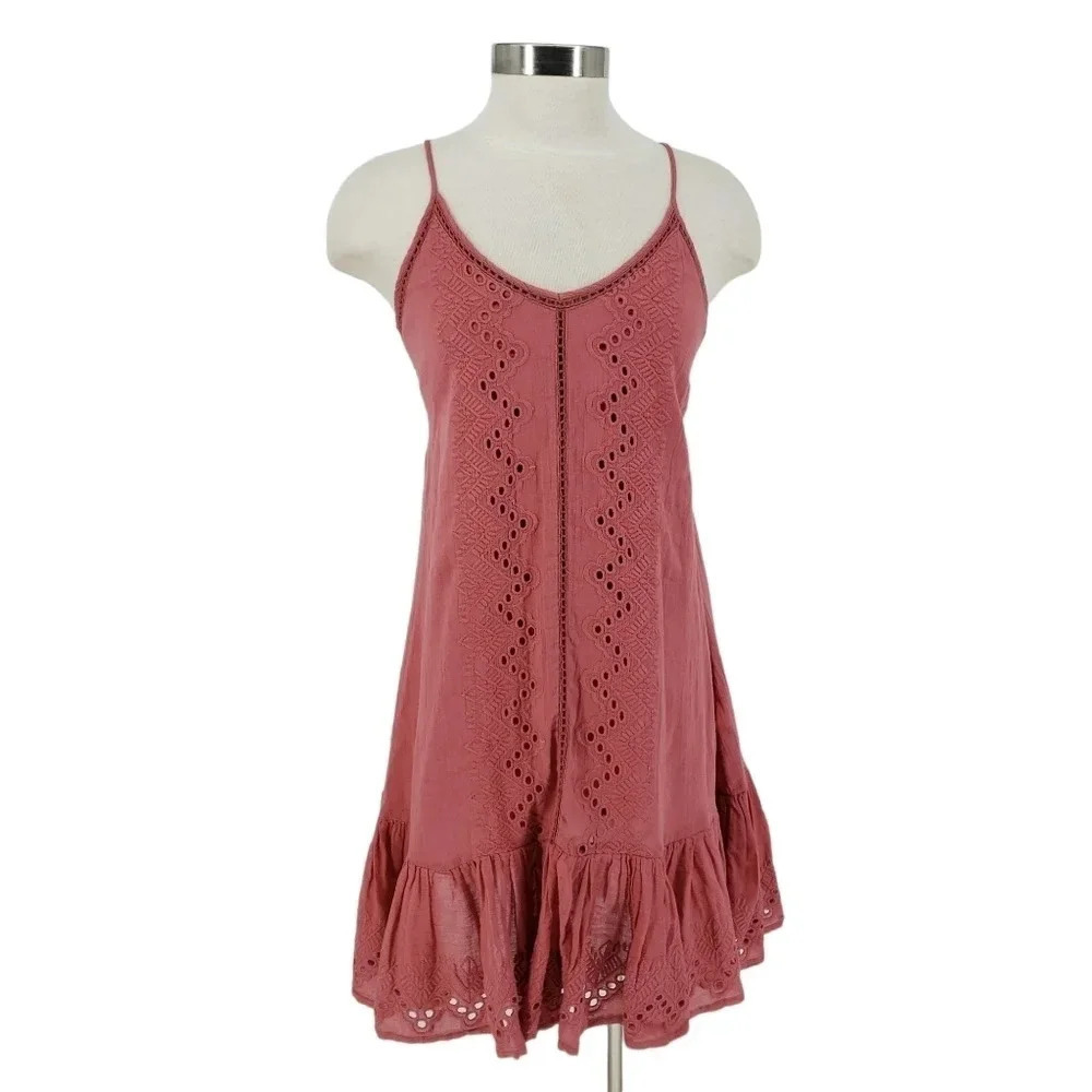House Of Harlow 1960 Slip Tank Dress Pink Eyelet Ruffle Sleeveless Sundress